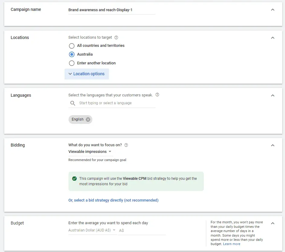 Google Ads settings for locations, languages, bidding and daily budget