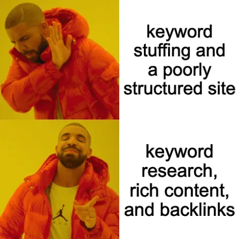 Drake meme: rejecting keyword stuffing and a poorly structured site in favour of keyword research, rich content and backlinks