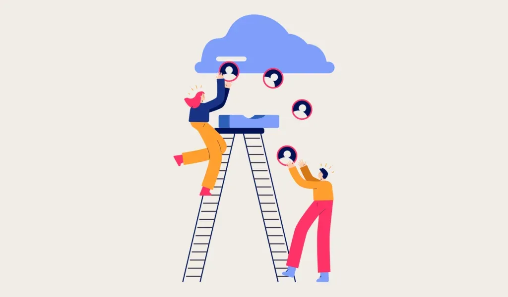 Illustration of a team on a ladder reaching prospects in a cloud