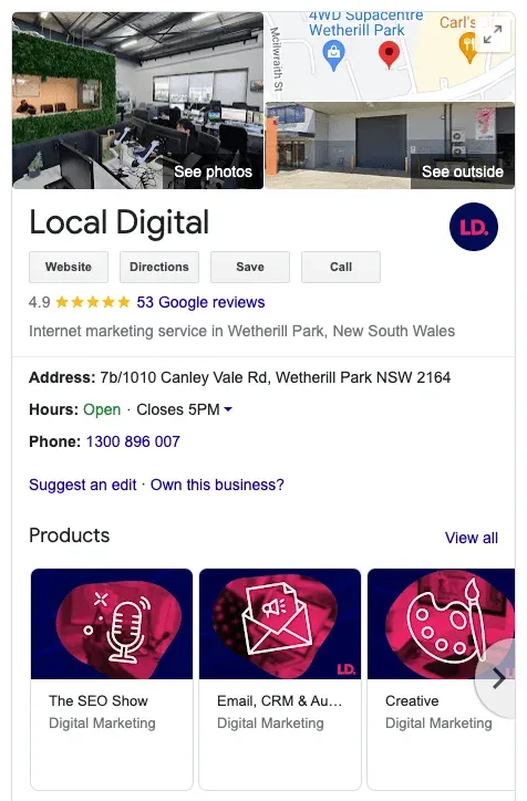 Local Digital's Google knowledge panel showing address, hours, phone and products