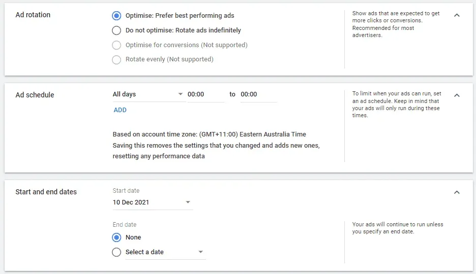 Google Ads settings for ad rotation, ad schedule and campaign start and end dates