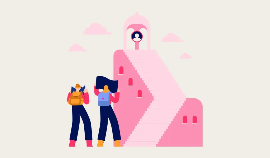 Illustration of two people looking up at a prospect at the top of a staircase