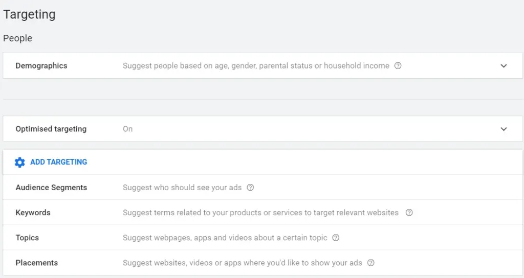 Google Ads targeting panel for demographics, audience segments, keywords and placements