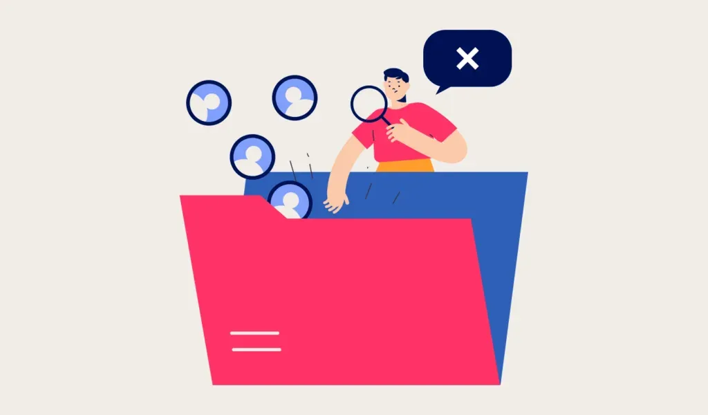 Illustration of someone reviewing prospect profiles and rejecting one