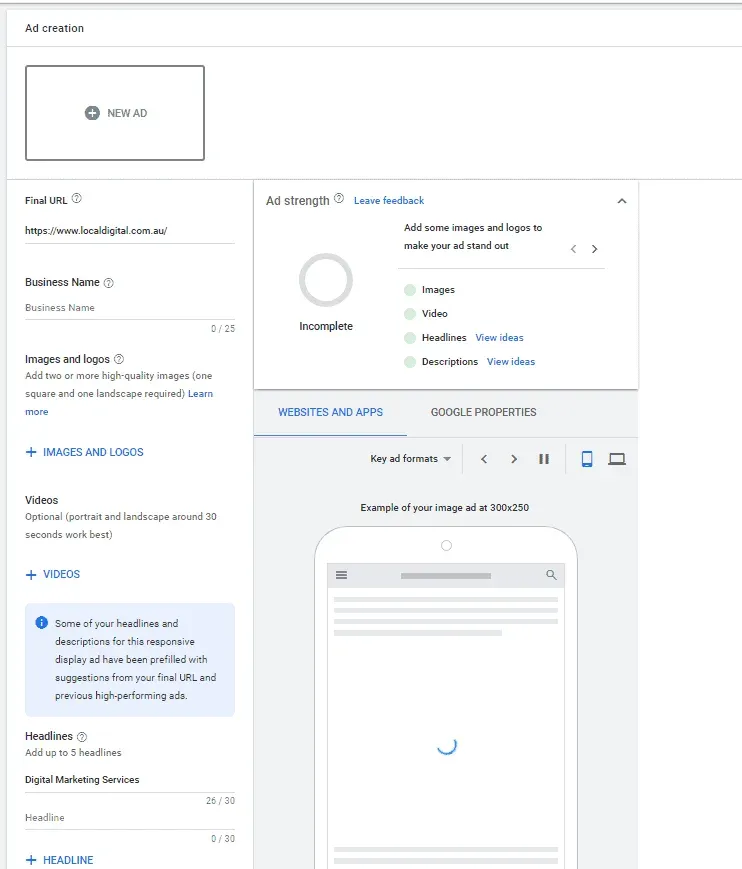 Google Ads responsive display ad builder showing the ad strength meter