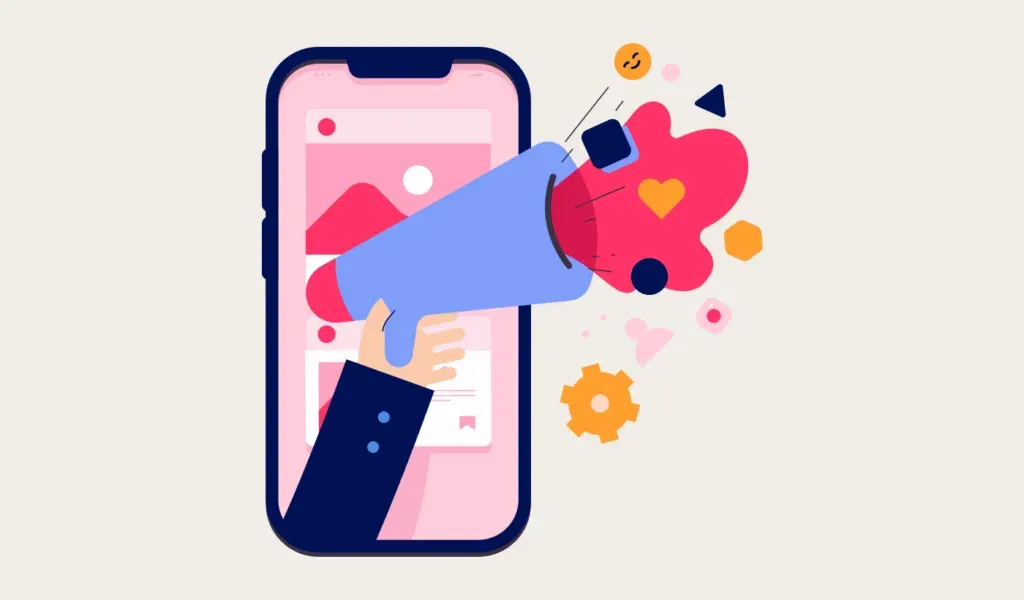 Illustration of a hand holding a megaphone out of a phone screen