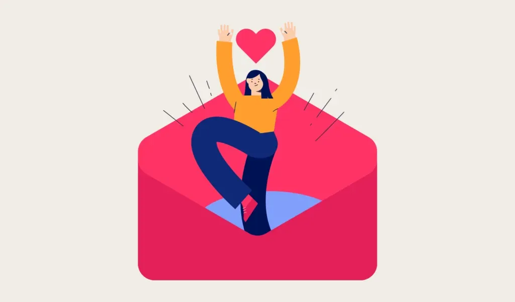 Illustration of a person celebrating inside an open envelope