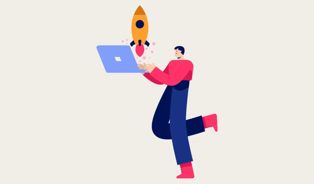 Illustration of someone launching a rocket from a laptop