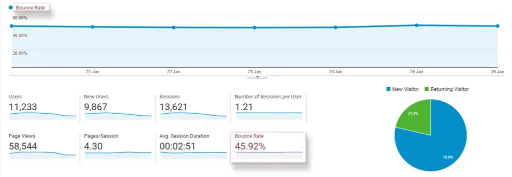 Google Analytics audience overview with a 45.92% bounce rate highlighted