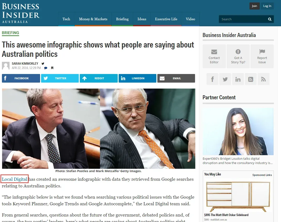 Business Insider Australia's article on our politics infographic, with Local Digital linked in the first line