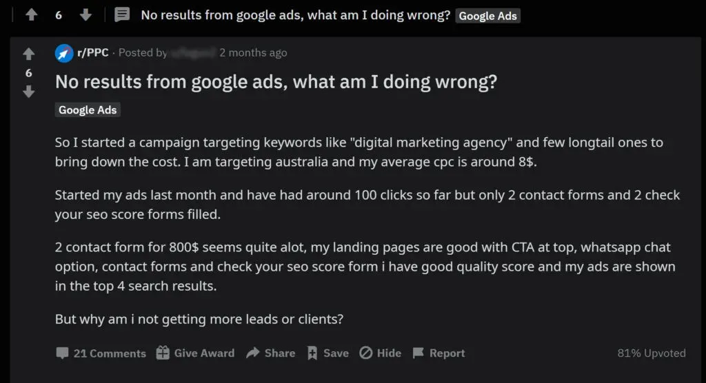 Reddit post from a Google Ads advertiser asking why they are getting no leads