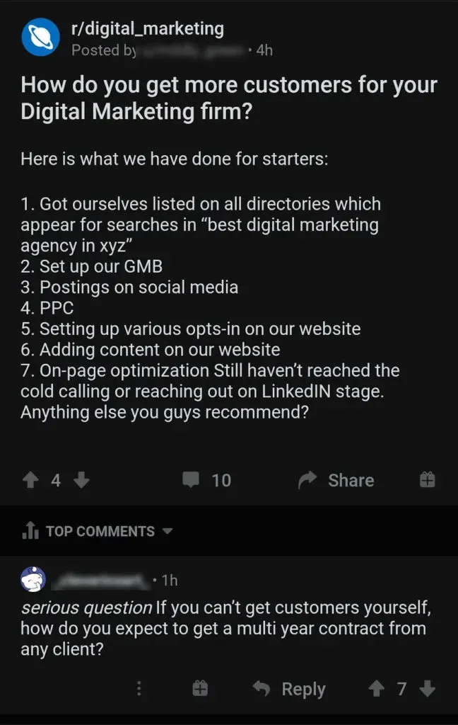 Reddit post from a digital marketing firm asking how to get its own customers