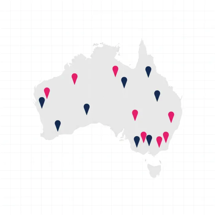A map of Australia covered in location pins