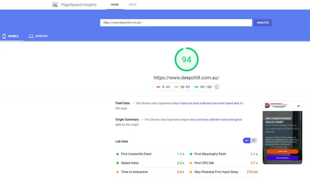 PageSpeed Insights mobile score of 94 for deepchill.com.au after optimisation