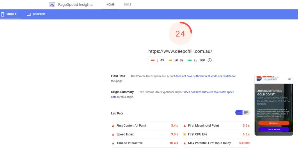 PageSpeed Insights mobile score of 24 for deepchill.com.au before optimisation