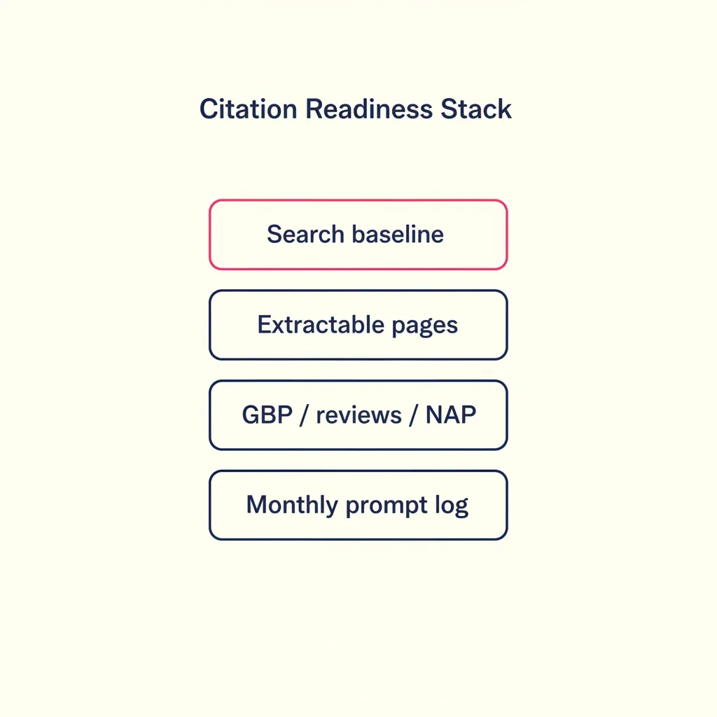 Citation readiness stack: Search baseline, extractable pages, GBP/reviews/NAP, monthly prompt log