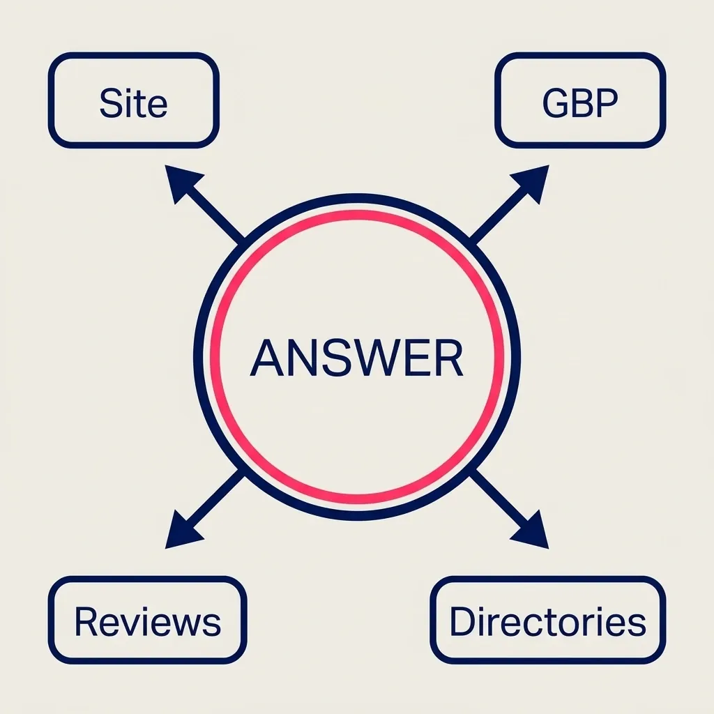 Query fan-out diagram: centre ANSWER node with rays to Site, GBP, Reviews, and Directories