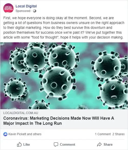 Local Digital Facebook ad linking to its article on coronavirus marketing decisions