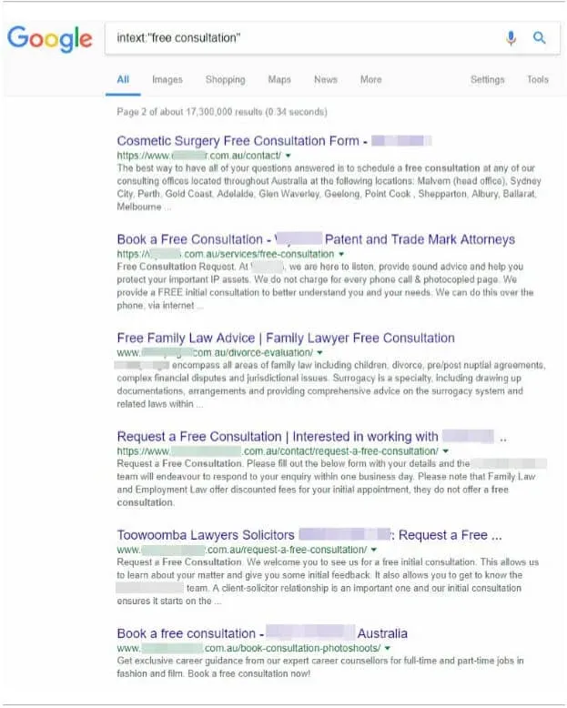 Google results for free consultation, showing how many sites use the phrase