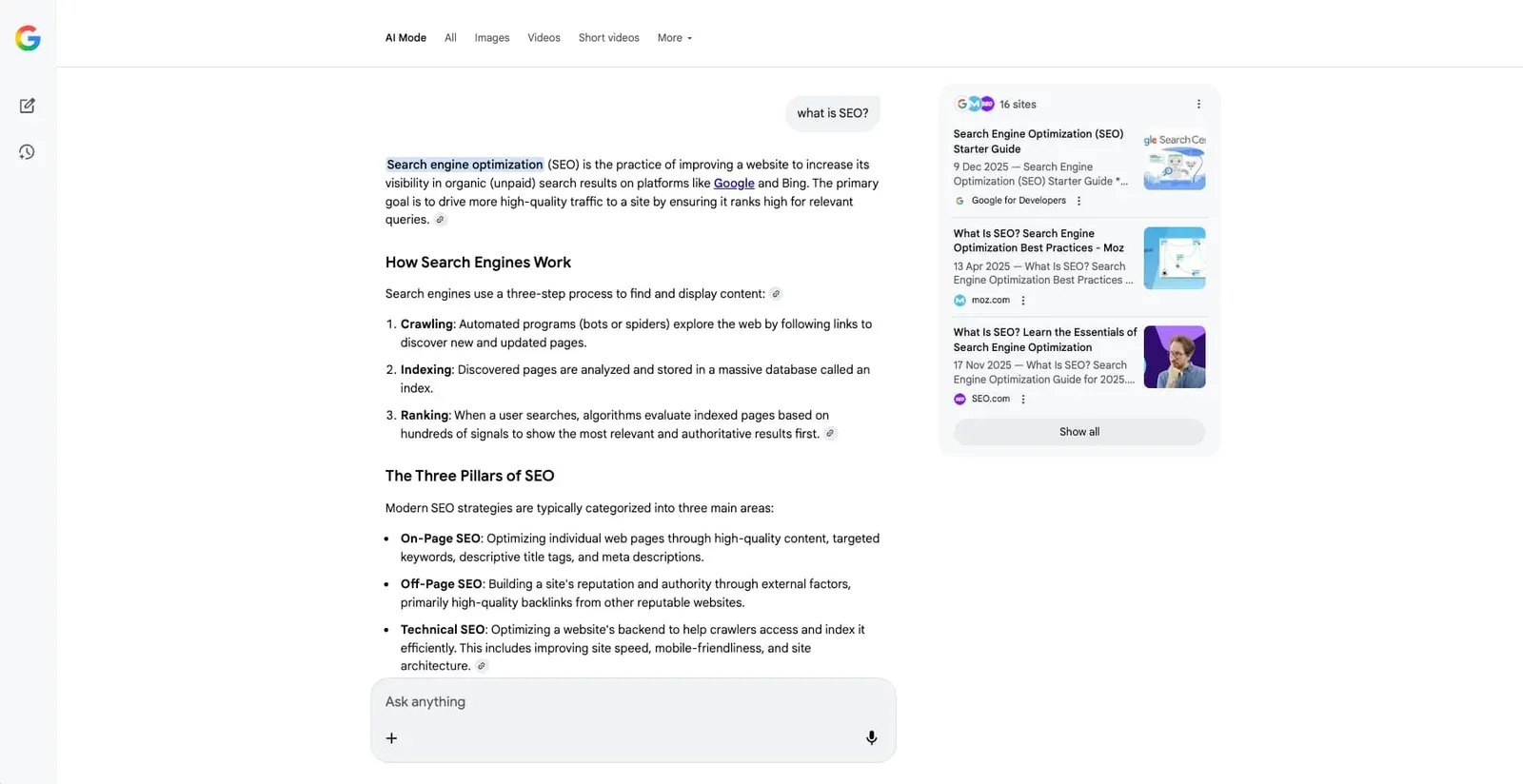 Google AI Mode answering what is SEO with a summary and cited sources