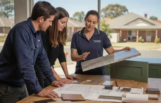 An Australian kitchen designer in a showroom showing a couple a stone benchtop sample against a cabinetry door front, samples and a floor plan on the bench