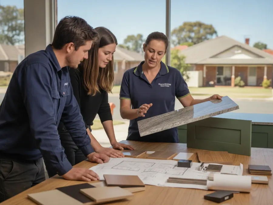An Australian kitchen designer in a showroom showing a couple a stone benchtop sample against a cabinetry door front, samples and a floor plan on the bench