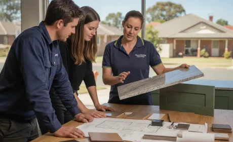 An Australian kitchen designer in a showroom showing a couple a stone benchtop sample against a cabinetry door front, samples and a floor plan on the bench
