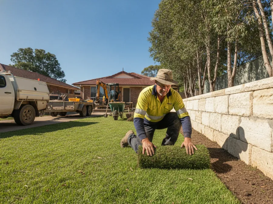 An Australian landscaper in work gear laying Sir Walter buffalo turf in a Brisbane backyard beside a new sandstone retaining wall, signed ute and trailer in the driveway