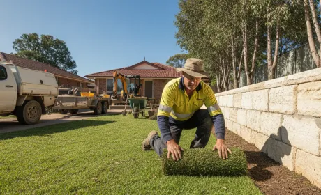 An Australian landscaper in work gear laying Sir Walter buffalo turf in a Brisbane backyard beside a new sandstone retaining wall, signed ute and trailer in the driveway