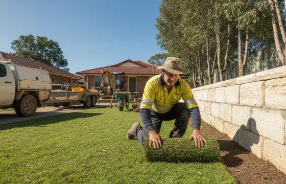 An Australian landscaper in work gear laying Sir Walter buffalo turf in a Brisbane backyard beside a new sandstone retaining wall, signed ute and trailer in the driveway