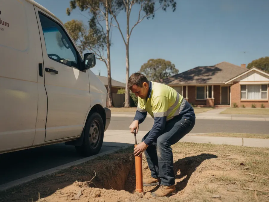 An Australian plumber in uniform working on site beside a signed work van