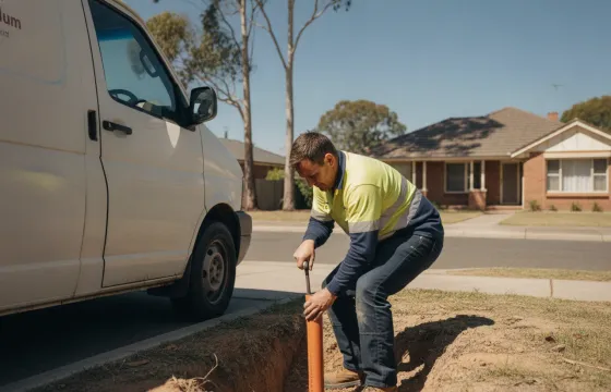 An Australian plumber in uniform working on site beside a signed work van