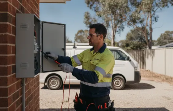 An Australian electrician in hi-vis and safety glasses testing a residential switchboard with a multimeter, signed work van parked in the driveway behind him