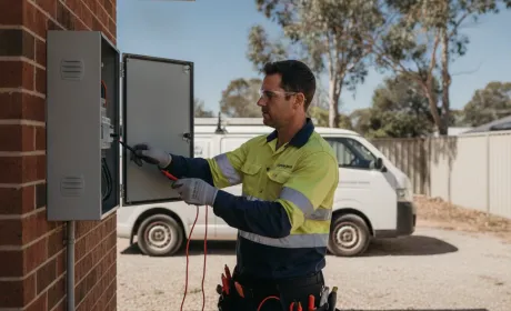 An Australian electrician in hi-vis and safety glasses testing a residential switchboard with a multimeter, signed work van parked in the driveway behind him