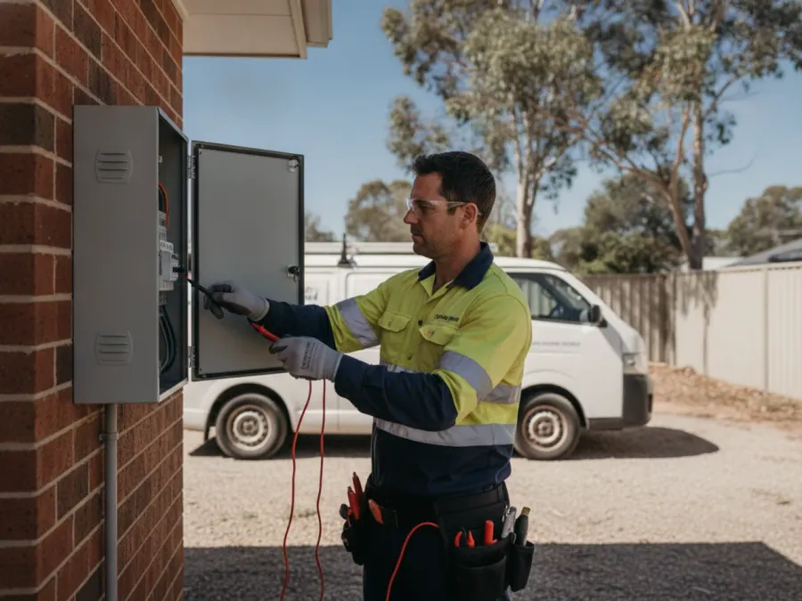 An Australian electrician in hi-vis and safety glasses testing a residential switchboard with a multimeter, signed work van parked in the driveway behind him