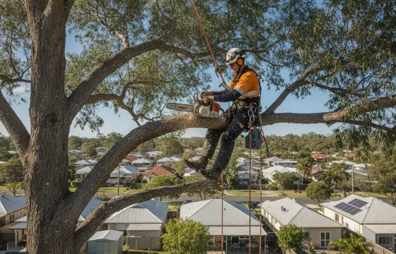 An Australian arborist in helmet and harness roped up a large eucalypt with a chainsaw, suburban Queenslander roofline and backyard below