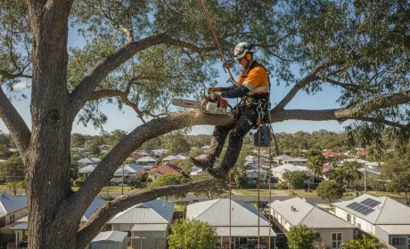 An Australian arborist in helmet and harness roped up a large eucalypt with a chainsaw, suburban Queenslander roofline and backyard below