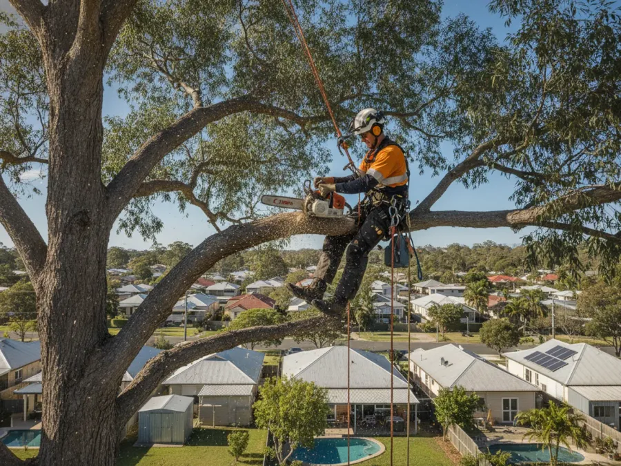 An Australian arborist in helmet and harness roped up a large eucalypt with a chainsaw, suburban Queenslander roofline and backyard below
