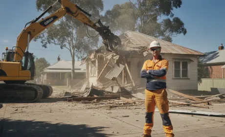 An Australian demolition contractor in hi-vis and hard hat standing in front of a 20 tonne excavator tearing the roof off a weatherboard house on a suburban block