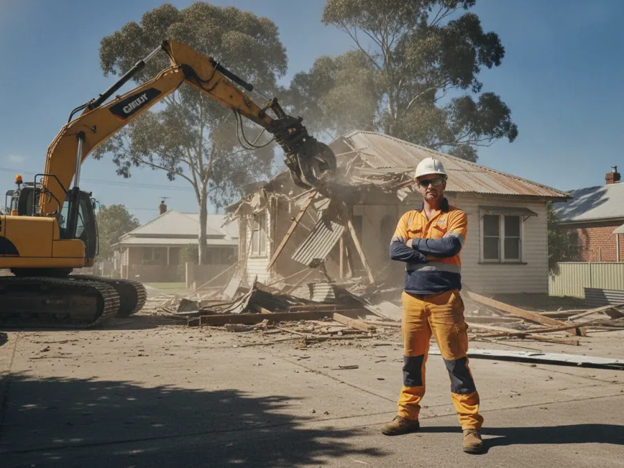 An Australian demolition contractor in hi-vis and hard hat standing in front of a 20 tonne excavator tearing the roof off a weatherboard house on a suburban block