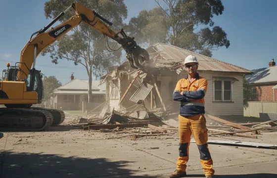 An Australian demolition contractor in hi-vis and hard hat standing in front of a 20 tonne excavator tearing the roof off a weatherboard house on a suburban block