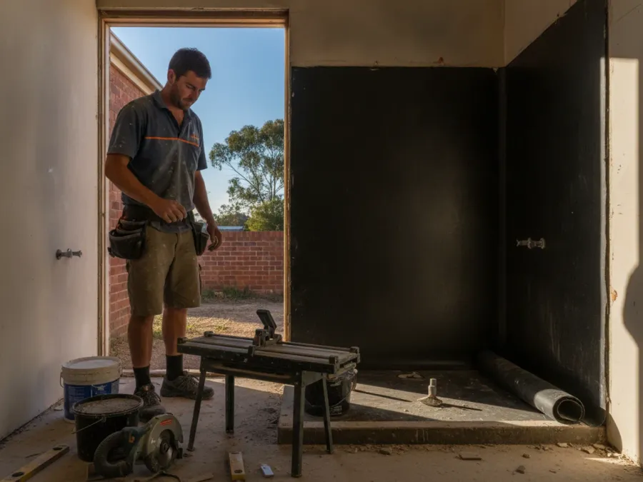 An Australian bathroom renovator in a dusty polo shirt standing in a stripped-back bathroom, waterproofing membrane rolled onto the floor and wall junctions, tile cutter and tools on the slab