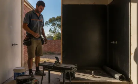 An Australian bathroom renovator in a dusty polo shirt standing in a stripped-back bathroom, waterproofing membrane rolled onto the floor and wall junctions, tile cutter and tools on the slab