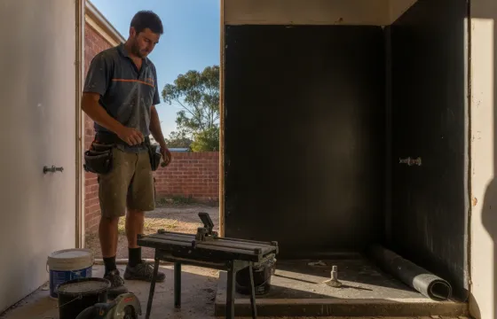 An Australian bathroom renovator in a dusty polo shirt standing in a stripped-back bathroom, waterproofing membrane rolled onto the floor and wall junctions, tile cutter and tools on the slab