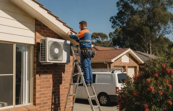 An Australian HVAC technician in uniform on a ladder servicing a wall-mounted split system on a brick home, signed work van in the driveway, bright summer light