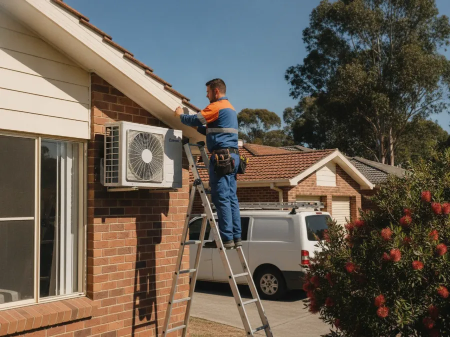 An Australian HVAC technician in uniform on a ladder servicing a wall-mounted split system on a brick home, signed work van in the driveway, bright summer light