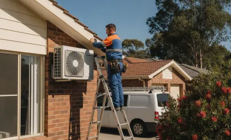 An Australian HVAC technician in uniform on a ladder servicing a wall-mounted split system on a brick home, signed work van in the driveway, bright summer light