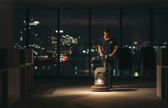 An Australian commercial cleaner in branded polo and hi-vis buffing the floor of an empty open-plan office at night, CBD lights through the glass behind them