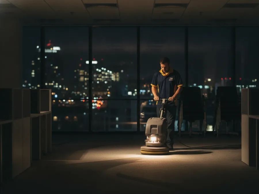 An Australian commercial cleaner in branded polo and hi-vis buffing the floor of an empty open-plan office at night, CBD lights through the glass behind them