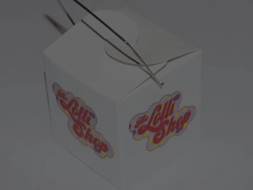 A branded takeaway lolly box from The Lolli Shop